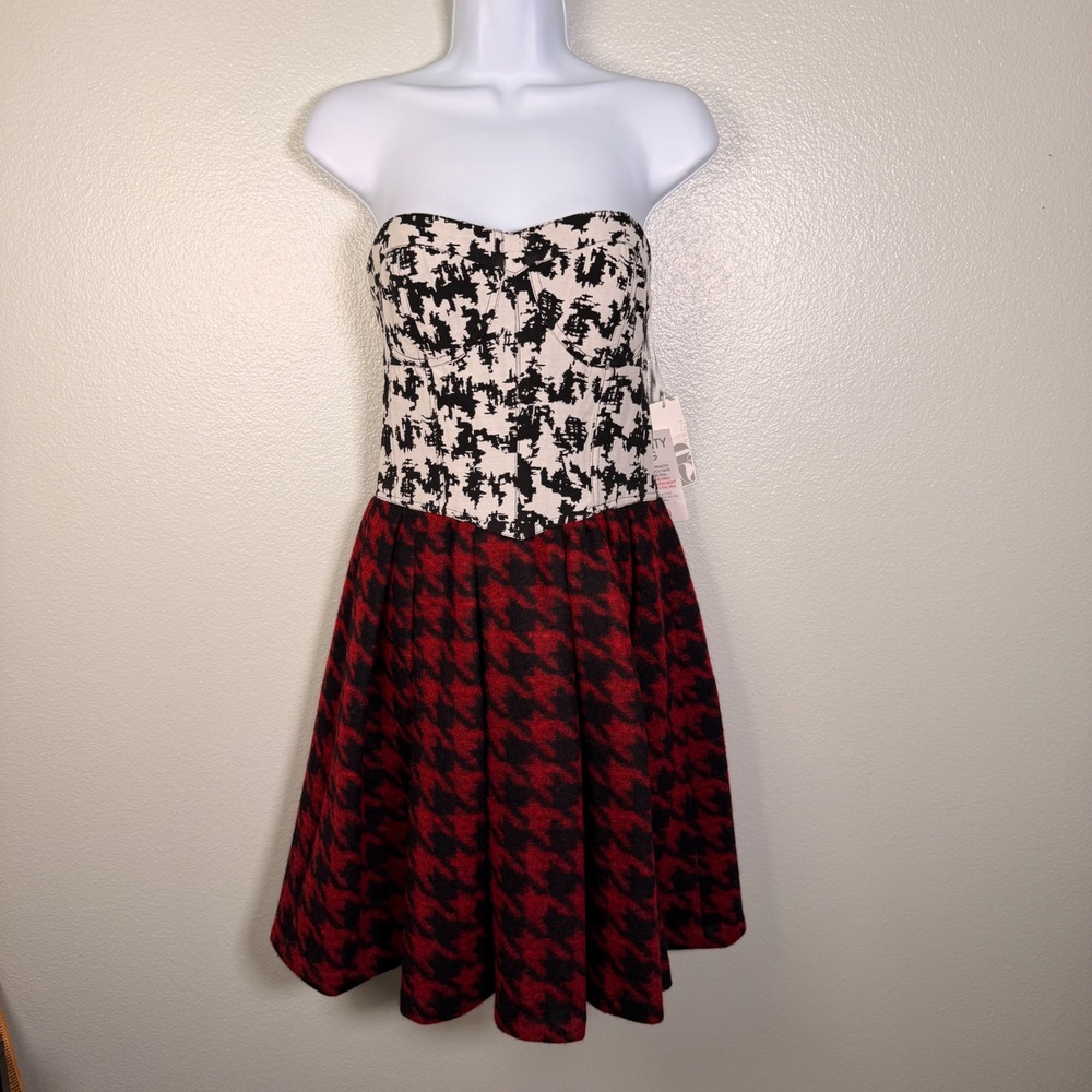 2bRYCH Strapless Corset Dress White Red Black Houndstooth Wool Blend Retro Sz 6